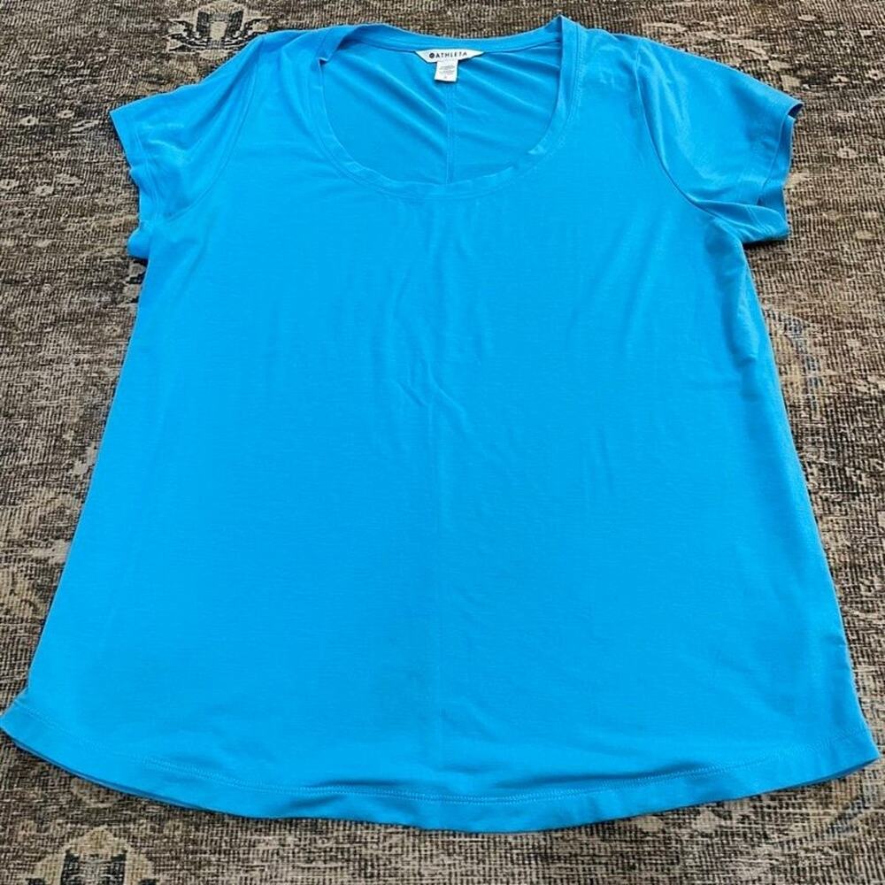 Athleta Womens L Blue Scoop Neck Short Sleeve Tee Top Modal Blend Athletic
